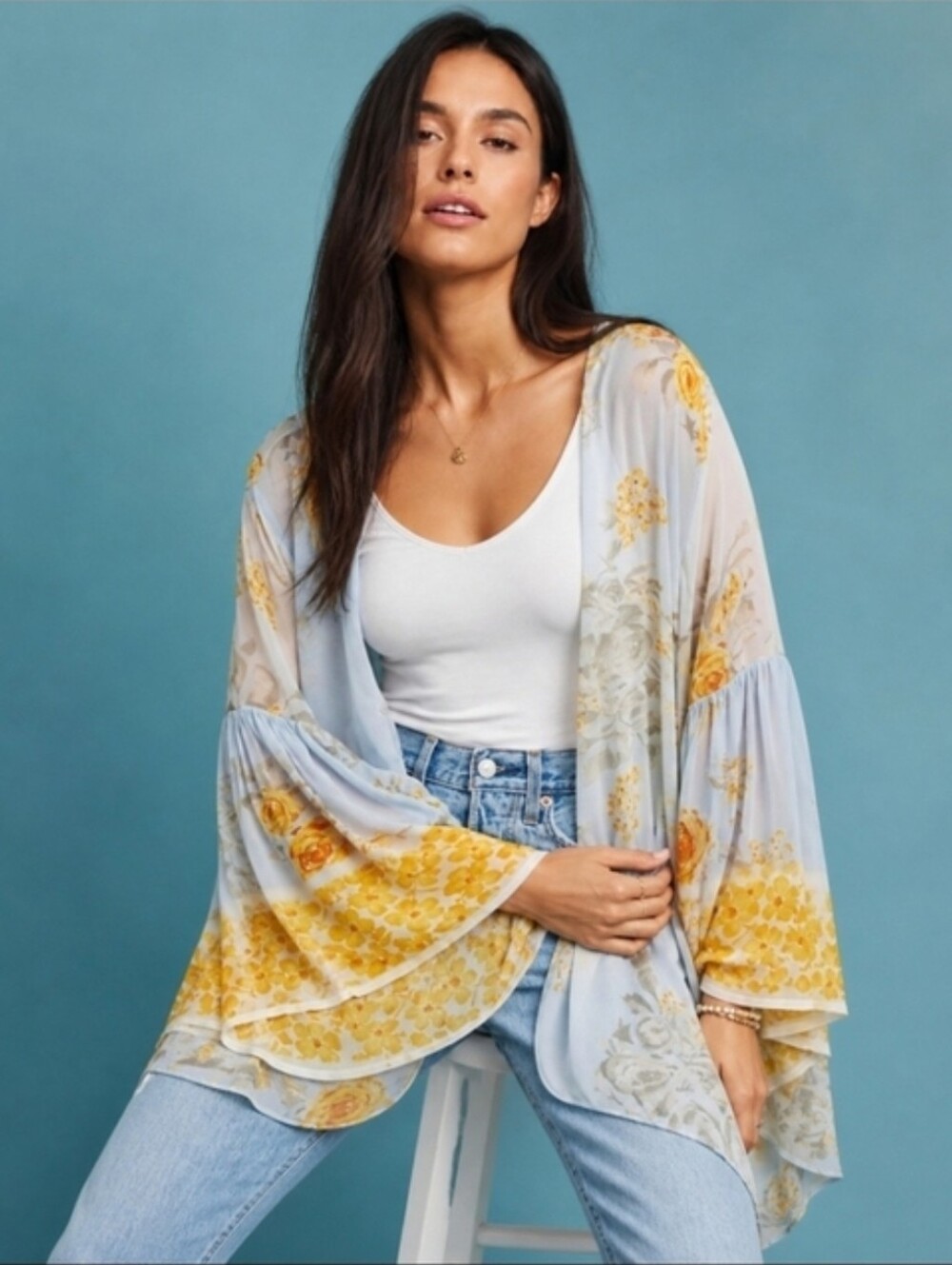 Anthropologie Jordin Floral Kimono Flutter Sleeves Blue Combo One Size $180